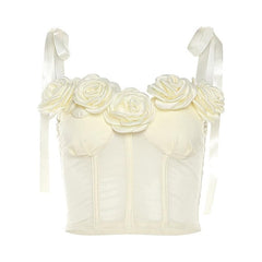 Mesh solid flower applique self tie backless bustier crop top