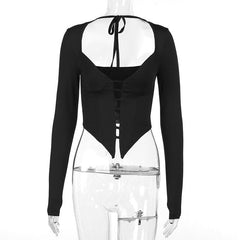 Hollow out solid halter backless long sleeve low cut corset top