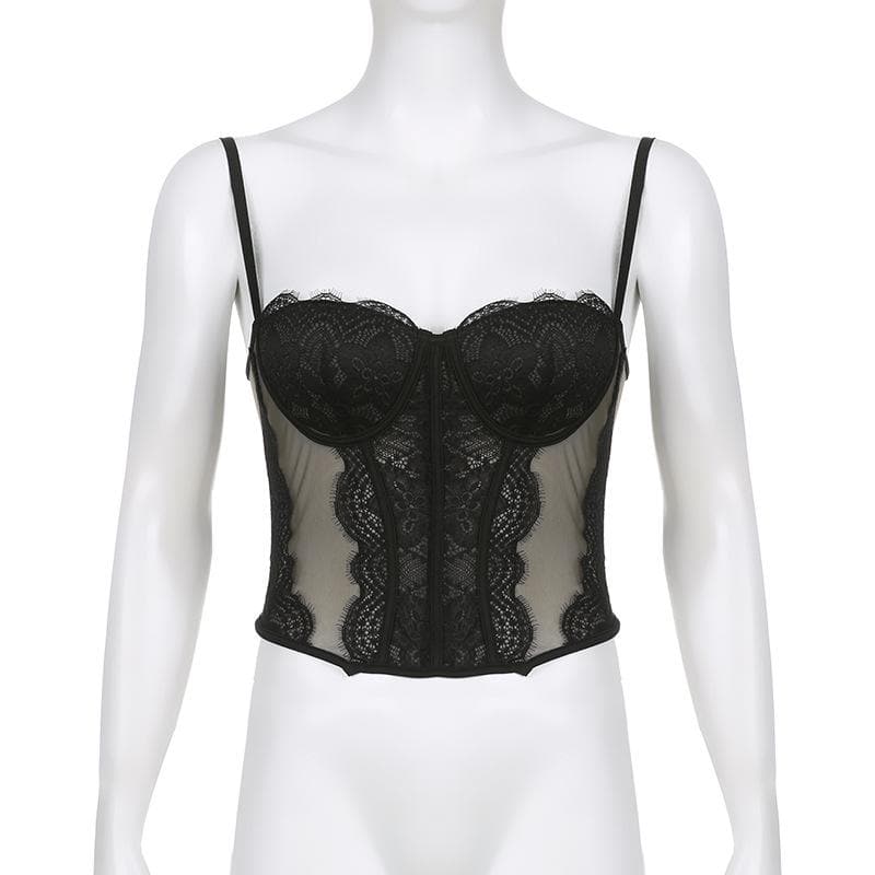 Rückenfreies Bustier-Camisole-Oberteil mit Netzstoff und Spitzensaum