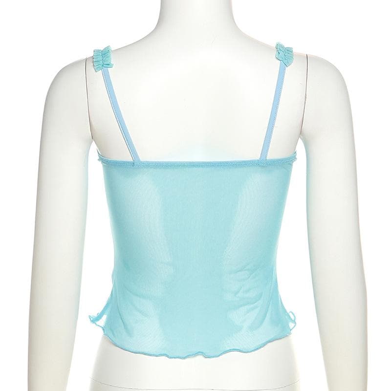 Rückenfreies Camisole-Oberteil aus Netzstoff mit Herzausschnitt, Schleife und Spitzensaum 