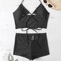 Hollow out cross tie high waisted 2 piece bikini set