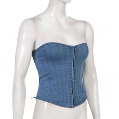 Denim lace up back heart neck tube top