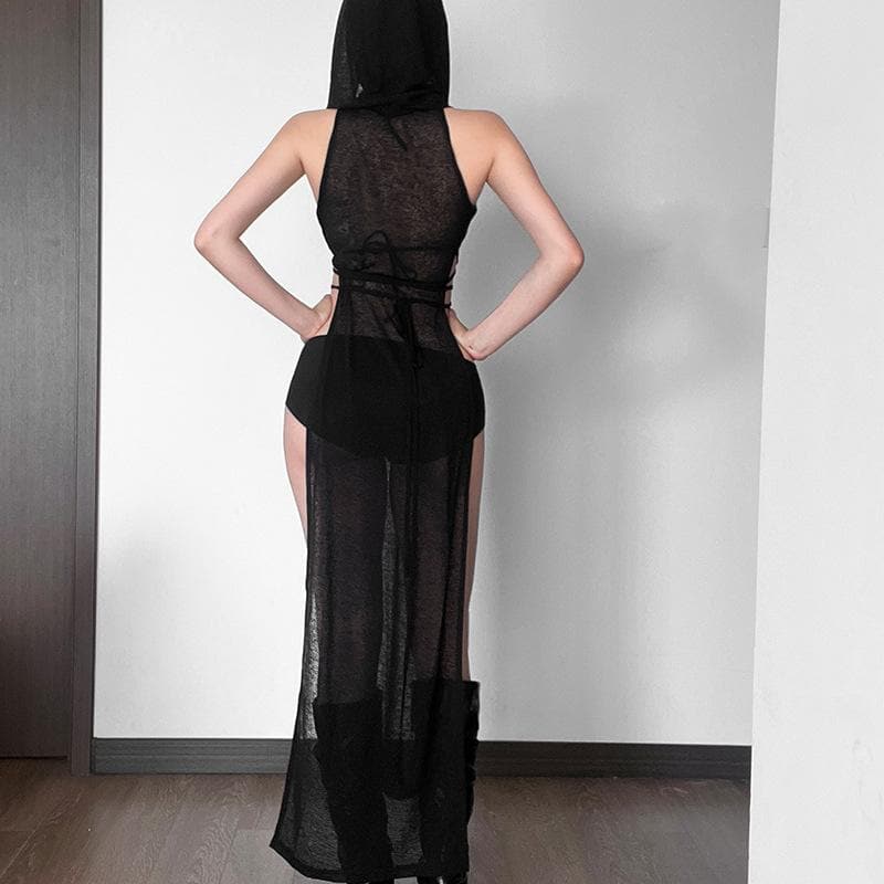 Sleeveless hoodie low cut slit self tie turtle neck see through maxi dress