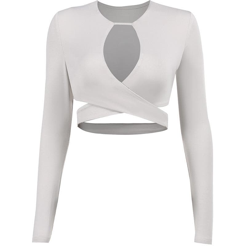 Hollow out solid cross front low cut long sleeve crop top