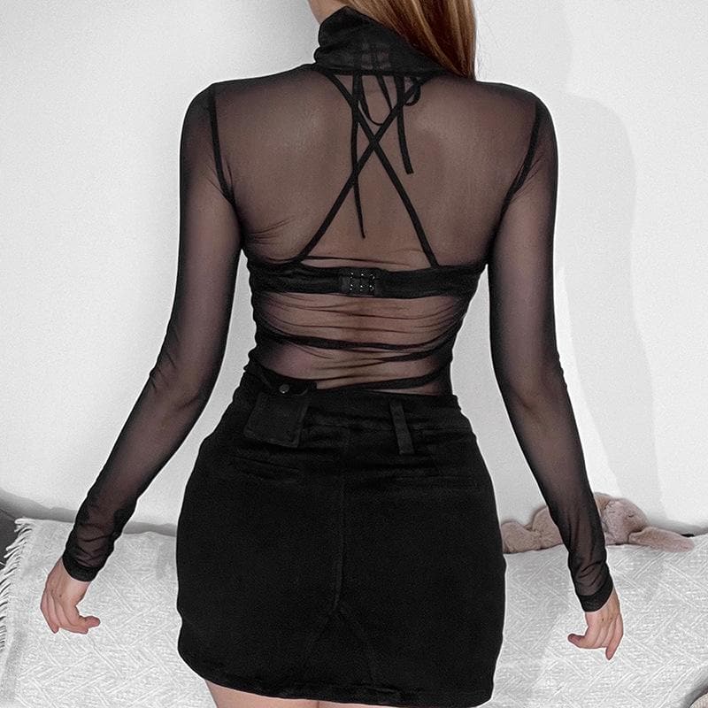 High neck button cross front long sleeve mesh solid crop top