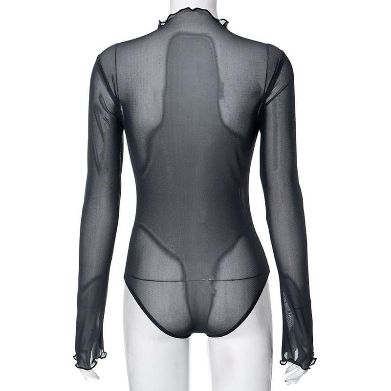 Transparenter Bodysuit aus transparentem Netzstoff mit Lippenabdruck und hohem Halsausschnitt und Rüschen