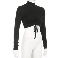 High neck long sleeve drawstring solid crop top