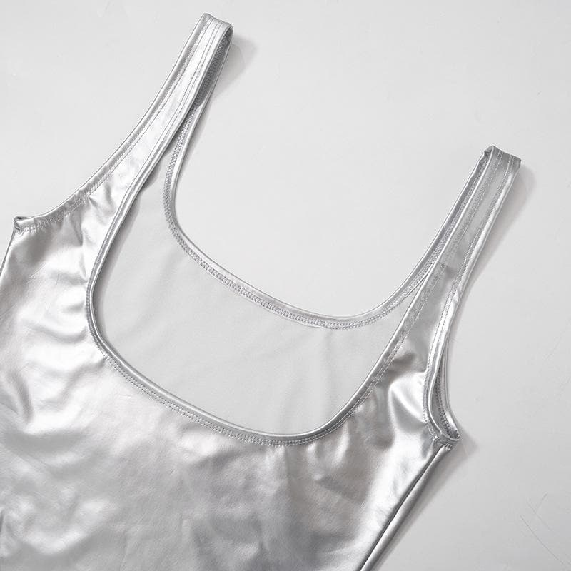 Metallic sleeveless solid square neck backless bodysuit