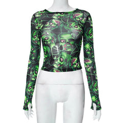 Skull pattern see through sheer mesh gloves long sleeve top