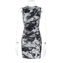 Tie dye contrast sleeveless ruched crewneck mini dress