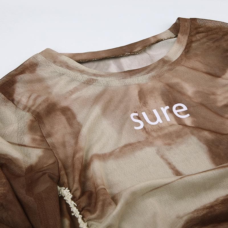 Furry tie dye sheer mesh see through long sleeve crop top