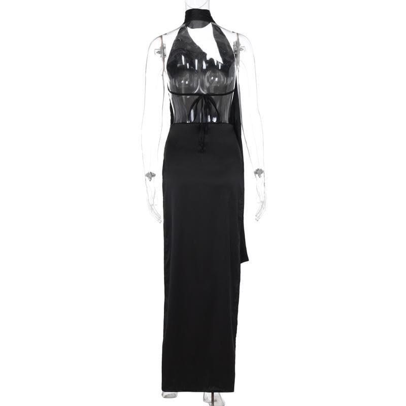 Halter solid irregular sleeveless backless self tie slit maxi dress