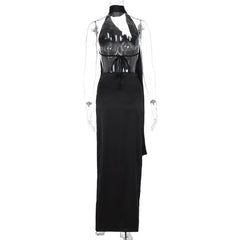 Halter solid irregular sleeveless backless self tie slit maxi dress