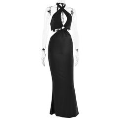 Cross front solid halter o ring backless self tie maxi dress