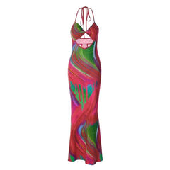 Contrast print halter hollow out knotted backless maxi dress