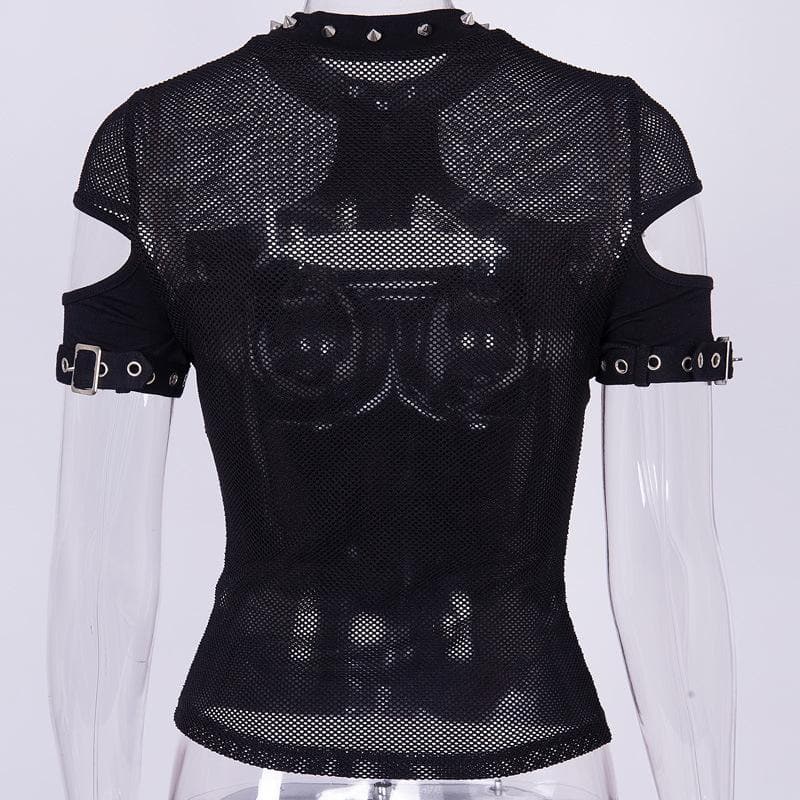 Fishnet patchwork hollow out short sleeve buckle top