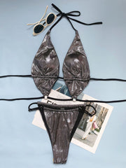 Kontrastierender Neckholder-Bikini mit Metallic-Print zum Selbstbinden