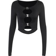 Buckle solid long sleeve hollow out round neck top