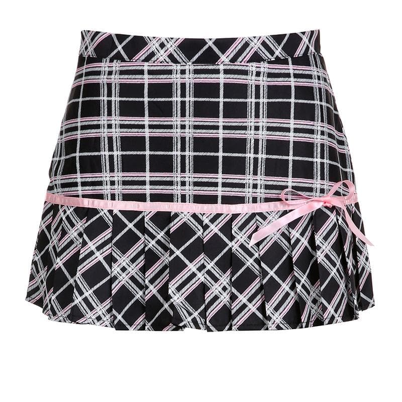 Pleated contrast bowknot plaid high rise mini skirt