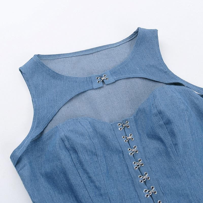 Hollow out button sleeveless corset low cut denim top