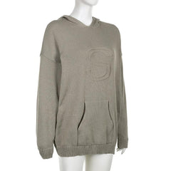 Knitted solid pocket long sleeve hoodie top