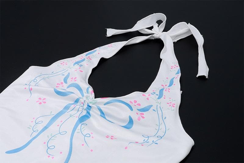 Lace up v neck bowknot pattern halter backless top
