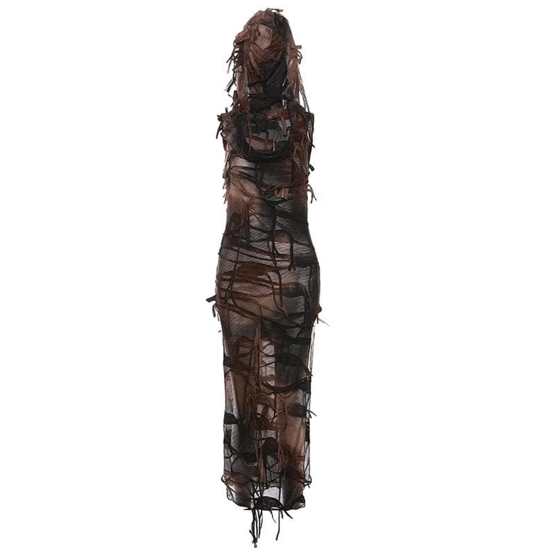 Textured tie dye slit hoodie sleeveless contrast maxi dress