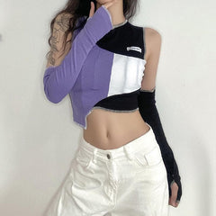 Patchwork off shoulder gloves ribbed crop top