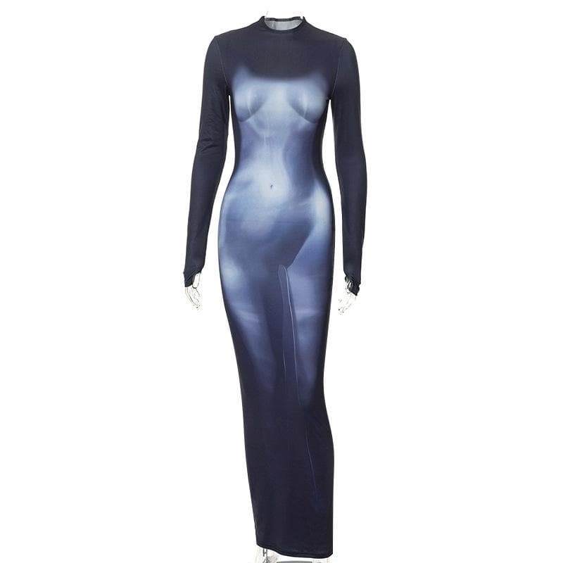 Contrast body pattern crewneck gloves long sleeve maxi dress