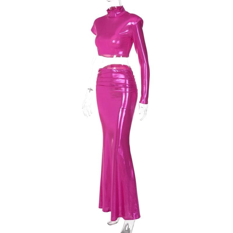 High neck irregular padded metallic maxi skirt set