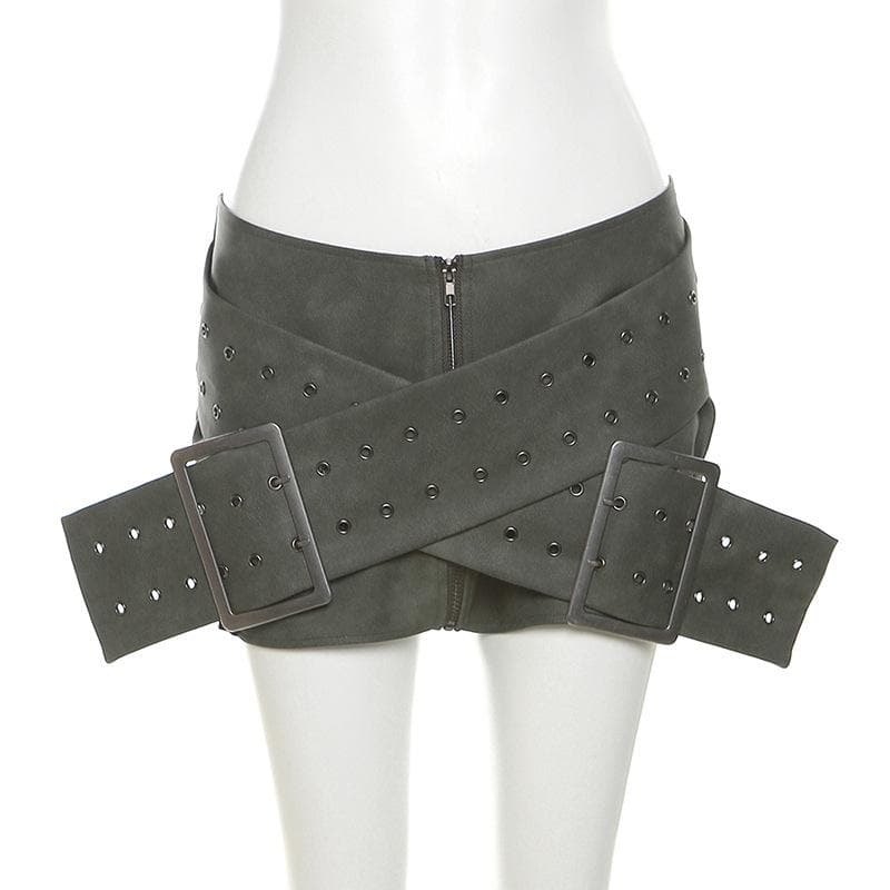 Zip-up cross front buckle low rise mini skirt