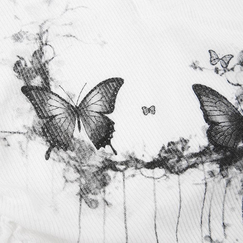 Top corto de dos piezas con botones en contraste y manga larga con estampado de mariposas