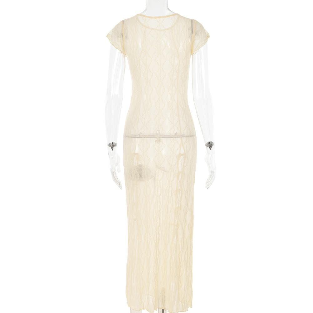 Textured slit self tie solid see through ruffle short sleeve midi dress