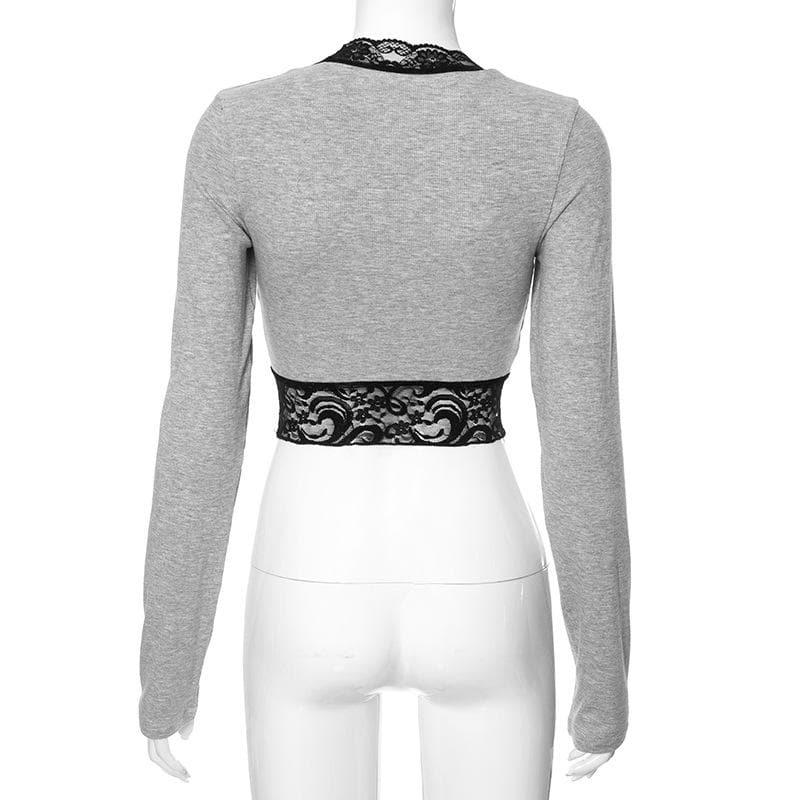 Long sleeve square neck lace ruffle patchwork ribbed contrast crop top