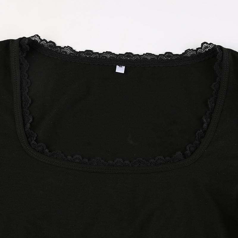 Blusa de manga larga con cuello cuadrado liso y dobladillo de encaje 