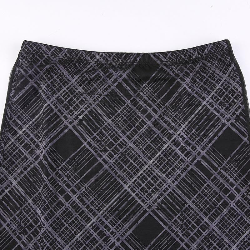 Mesh plaid contrast high rise midi skirt