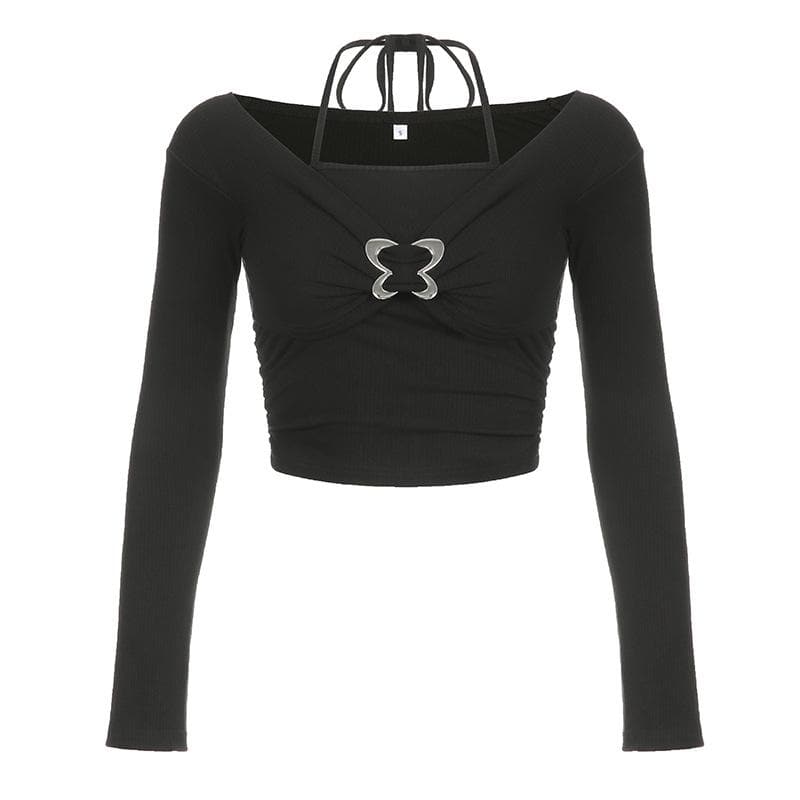 Schulterfreies Neckholder-Crop-Top mit Schnalle und langen Ärmeln 