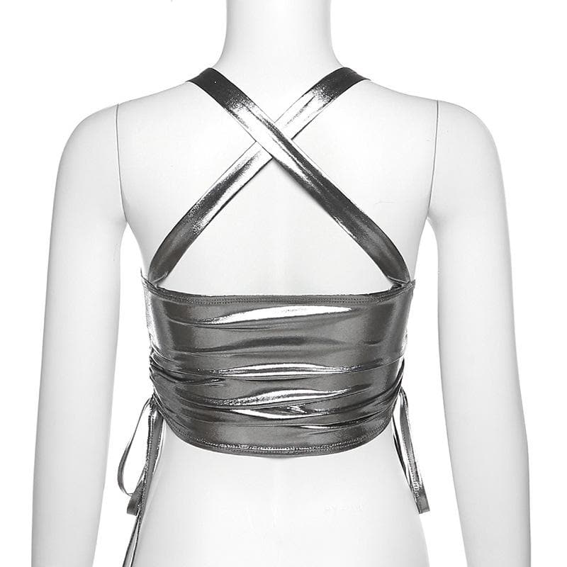 Rückenfreies Crop-Top mit überkreuzter Rückenpartie und Kordelzug in Metallic-Optik