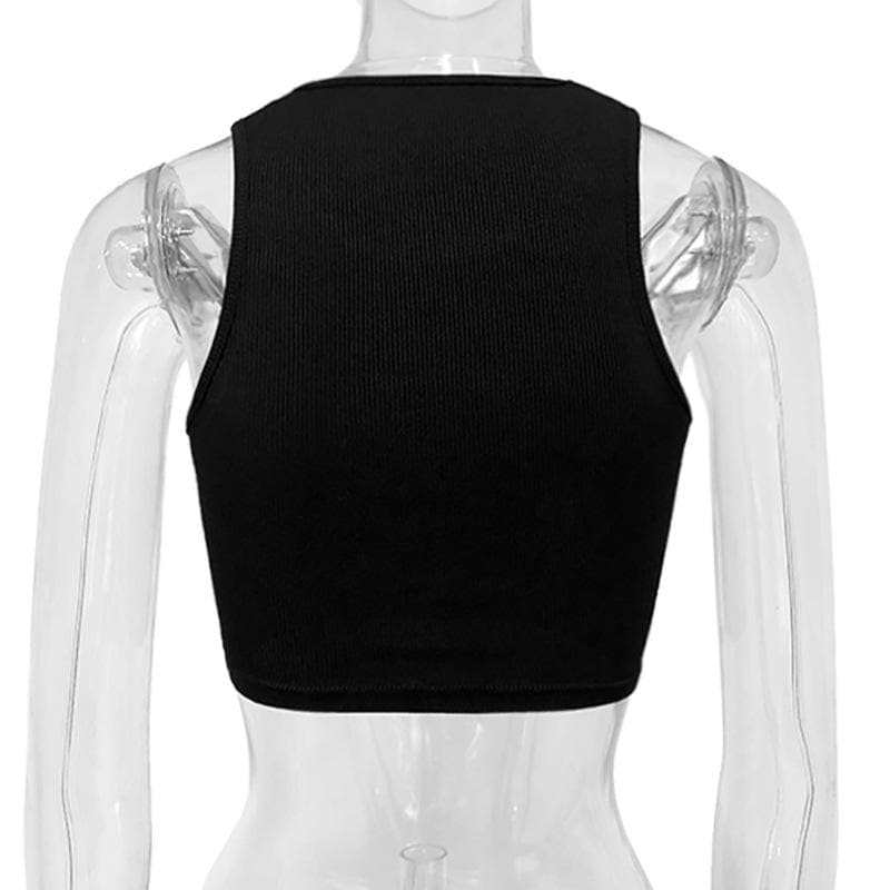 Beaded butterfly pattern ribbed solid sleeveless crop top