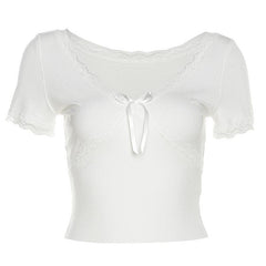 Lace hem solid short sleeve v neck bowknot crop top