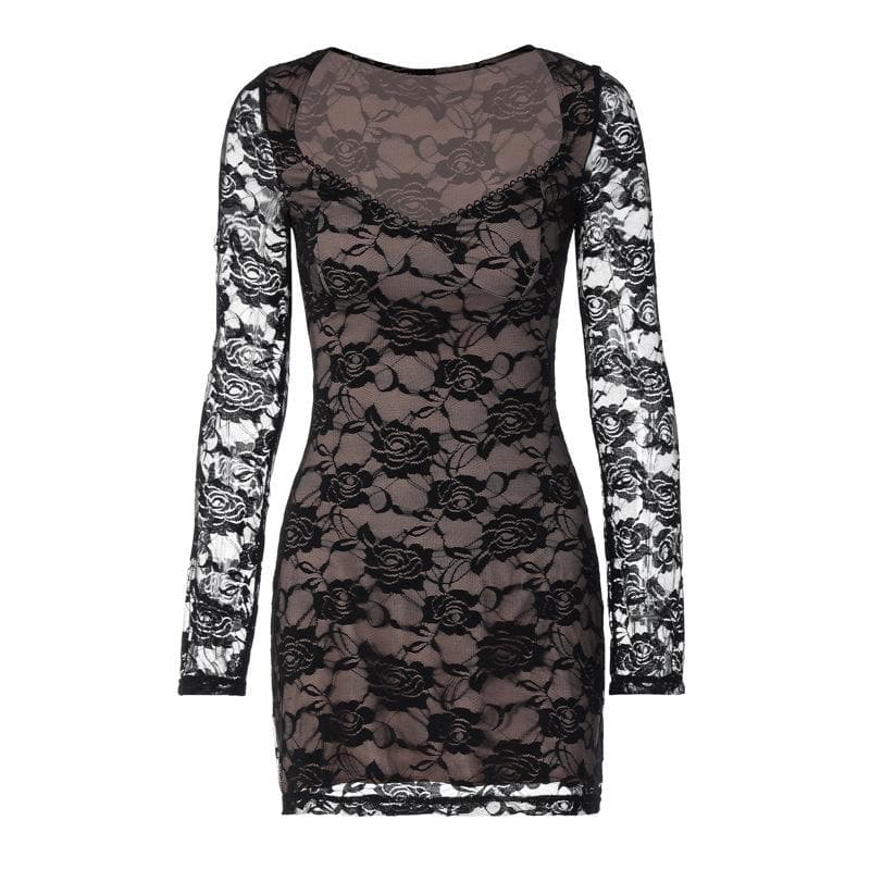 Long sleeve v neck lace contrast patchwork mini dress