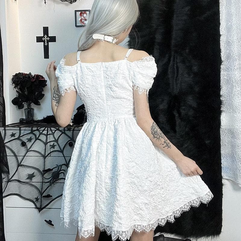 Hollow out off shoulder short sleeve cross applique bowknot lace hem mini dress