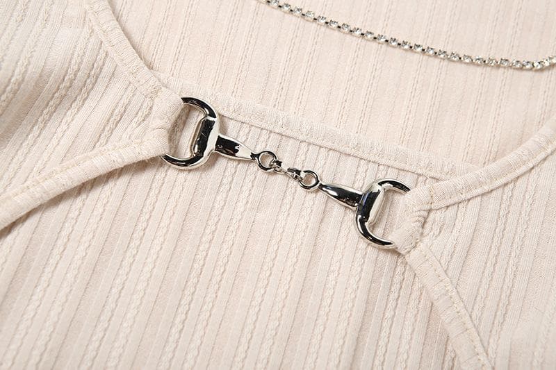 Long sleeve round neck metal chain buckle top