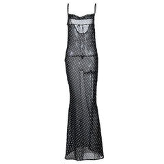 Cowl neck polka dot mesh see through maxi dress