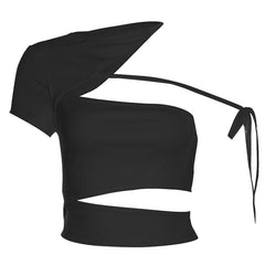 Irregular one shoulder self tie hollow out solid crop top