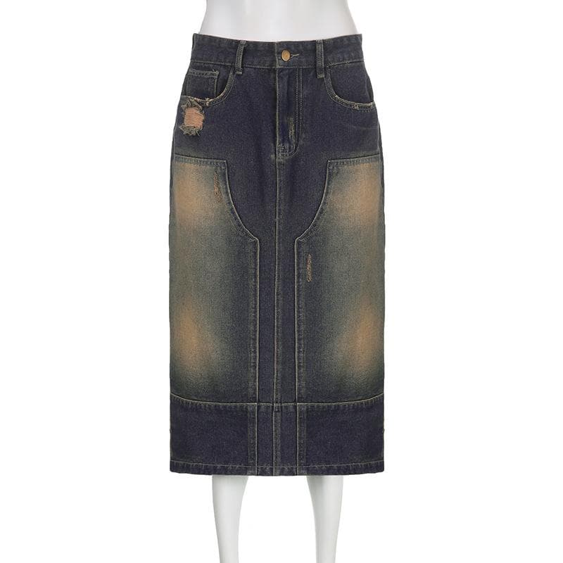 Patchwork contrast ripped pocket denim midi skirt