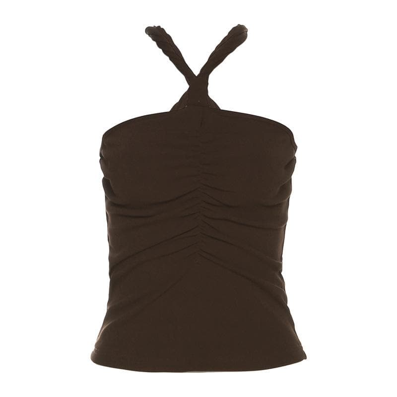 Ruched solid backless knotted sleeveless top