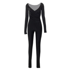 Langärmliger, einfarbiger Jumpsuit mit V-Ausschnitt und Rüschen