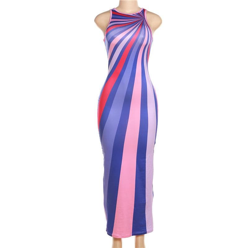 Striped contrast sleeveless backless crewneck maxi dress