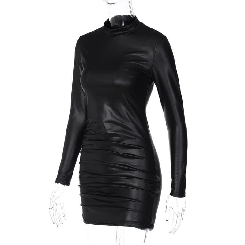 Ruched solid long sleeve high neck mini dress